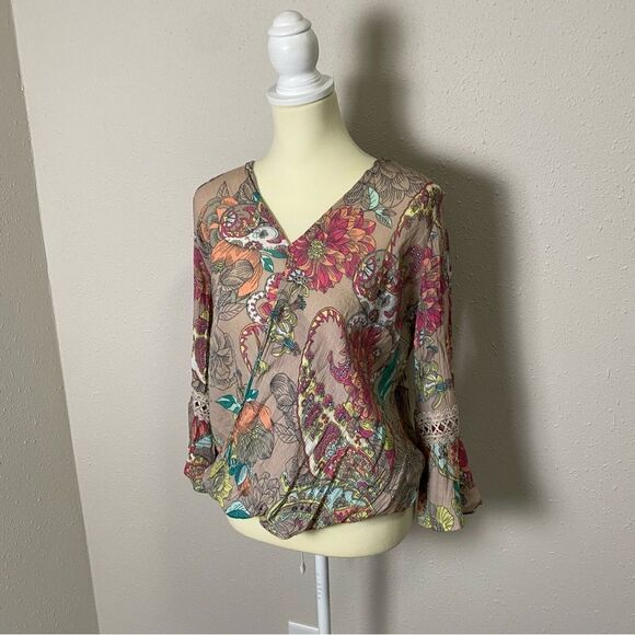 Spense Floral Paisley Colorful Boho Bell Sleeve Blouse Women's Size Small - Picture 7 of 16